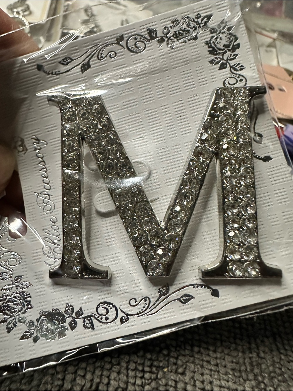 Rhinestone Letter M Brooch - Silver Sparkle